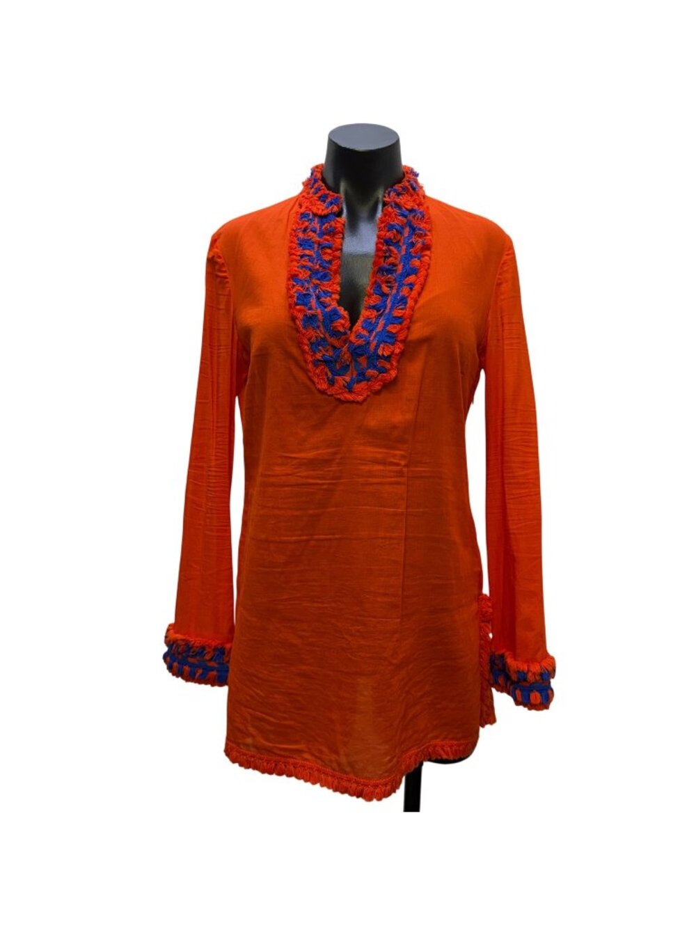 Tory Burch Orange Blouse With Blue Embellished Details Size 6